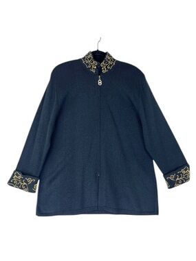 Vintage San Remo by Laura Knits Cardigan Sweater in Black w/Gold Trim XL Jacket